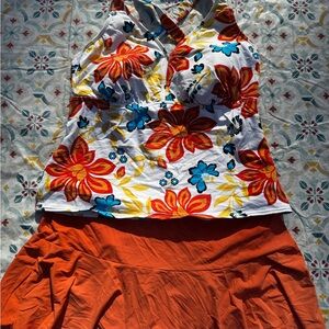 Lands' End Floral Bikini Top and Orange Skirt